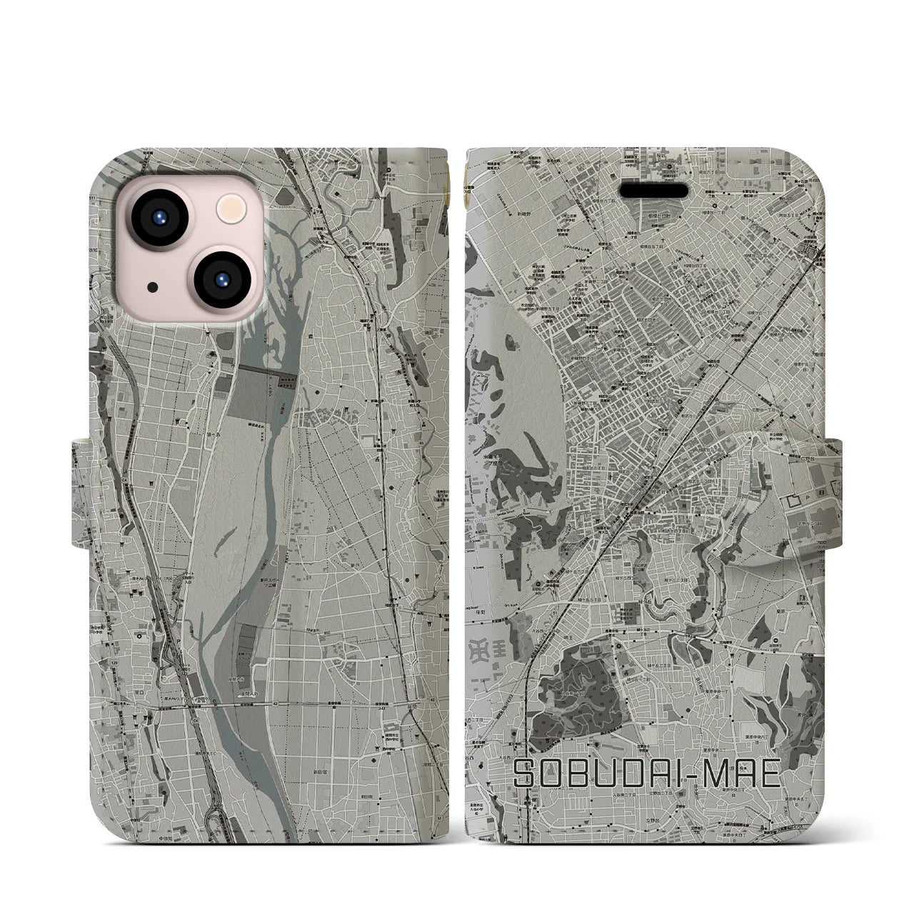 【相武台前(神奈川県)】地図柄iPhoneケース(手帳タイプ)モノトーン・iPhone 13 mini 用