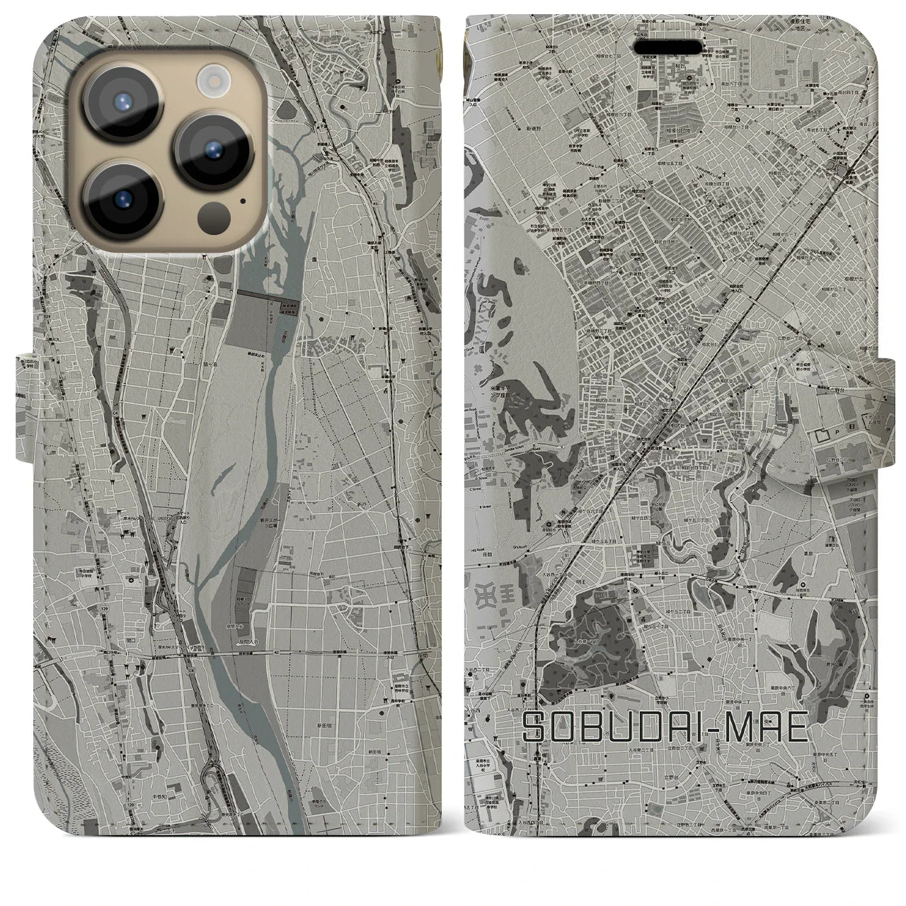【相武台前(神奈川県)】地図柄iPhoneケース(手帳タイプ)モノトーン・iPhone 14 Pro Max 用