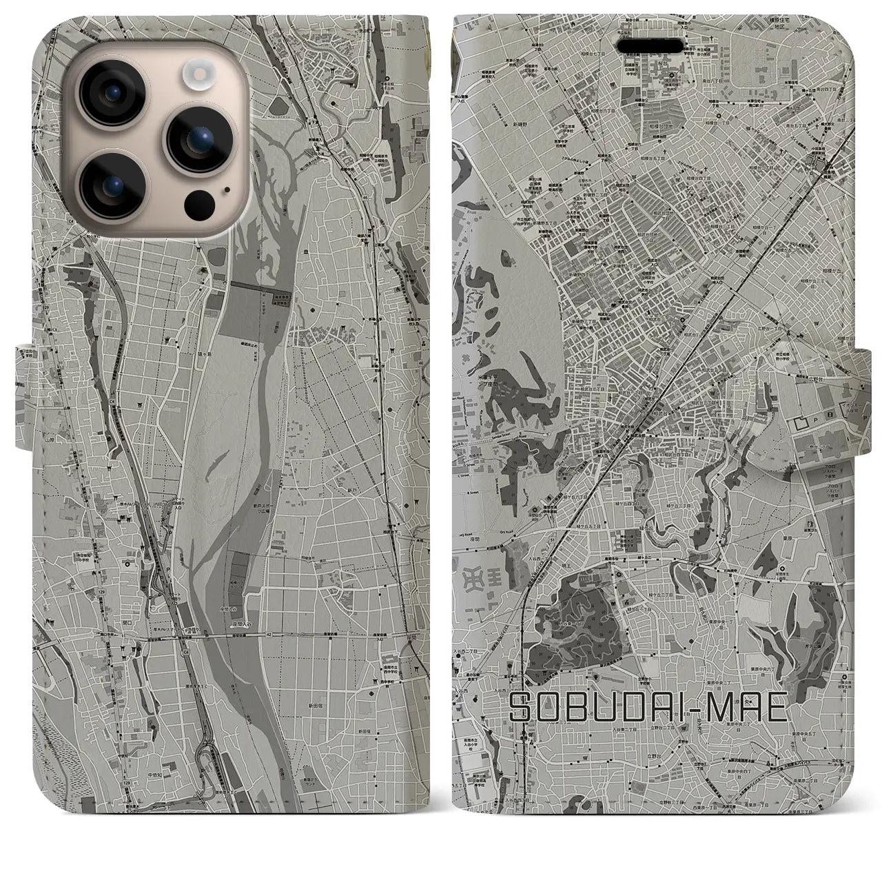 【相武台前(神奈川県)】地図柄iPhoneケース(手帳タイプ)モノトーン・iPhone 16 Plus 用
