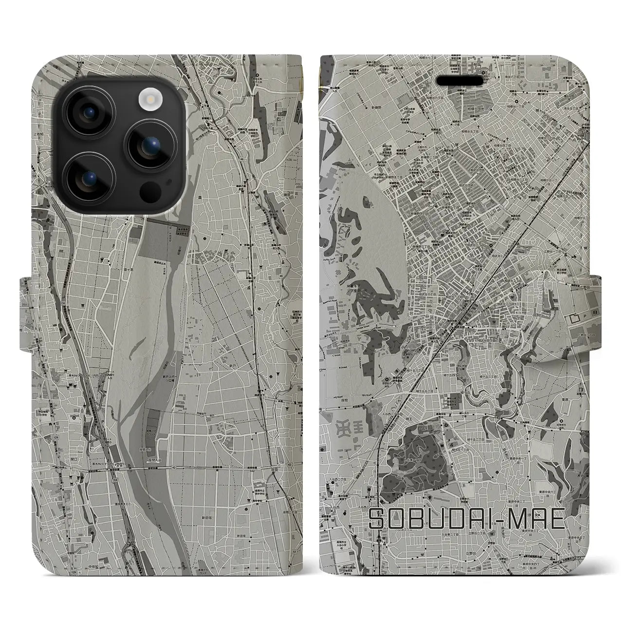 【相武台前(神奈川県)】地図柄iPhoneケース(手帳タイプ)モノトーン・iPhone 16 用