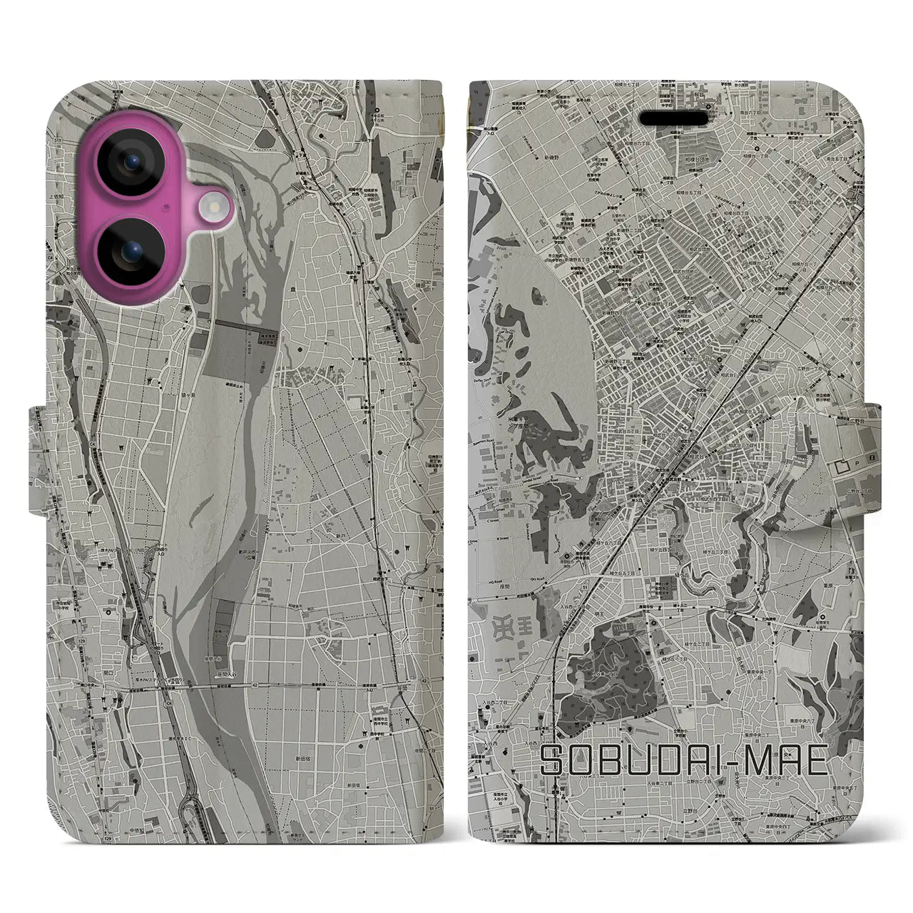 【相武台前(神奈川県)】地図柄iPhoneケース(手帳タイプ)モノトーン・iPhone 16 Pro 用