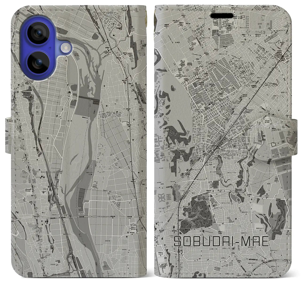 【相武台前(神奈川県)】地図柄iPhoneケース(手帳タイプ)モノトーン・iPhone 16 Pro Max 用