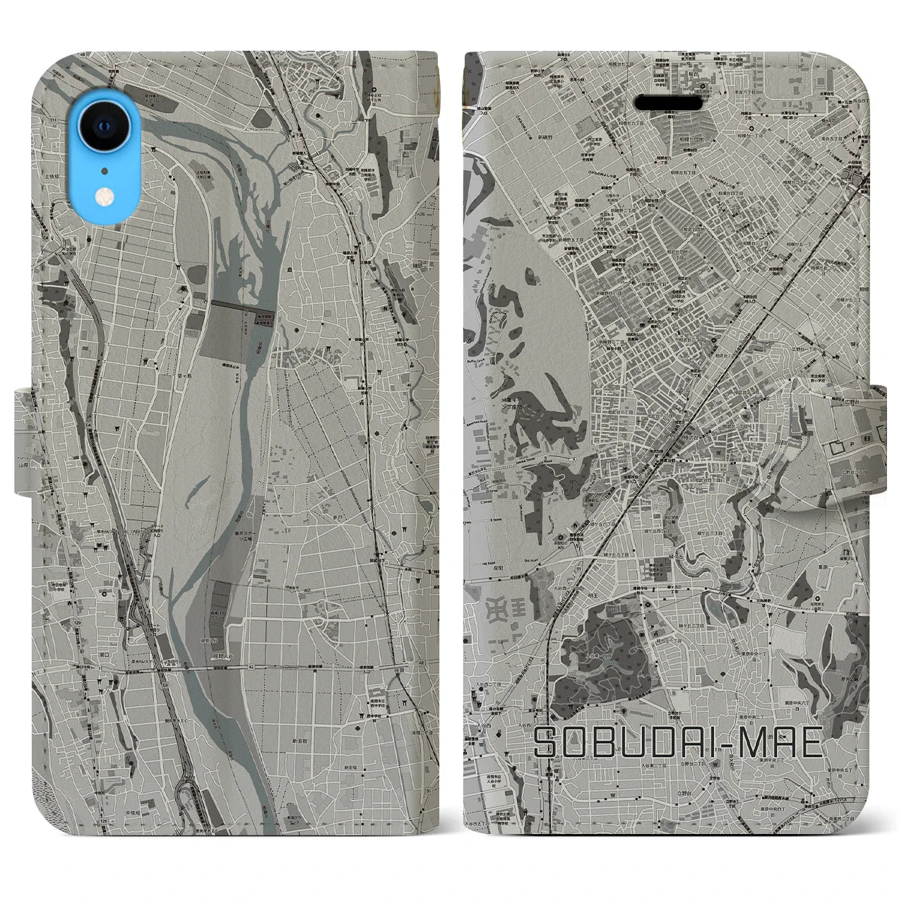【相武台前(神奈川県)】地図柄iPhoneケース(手帳タイプ)モノトーン・iPhone XR 用