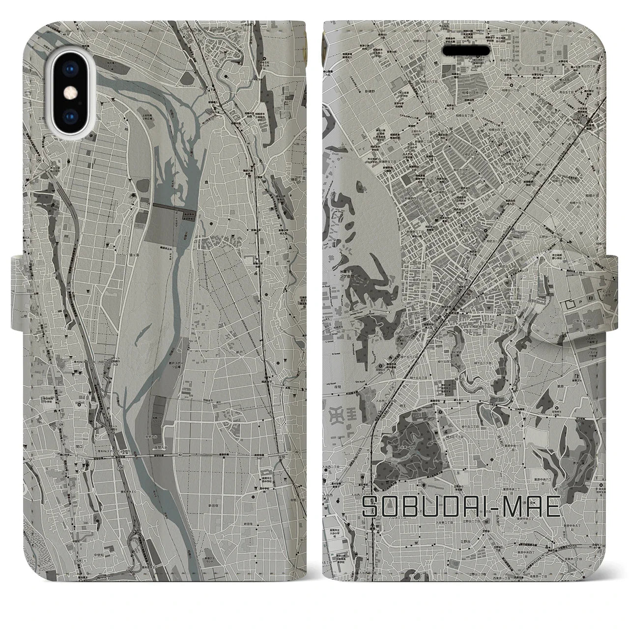 【相武台前(神奈川県)】地図柄iPhoneケース(手帳タイプ)モノトーン・iPhone XS Max 用