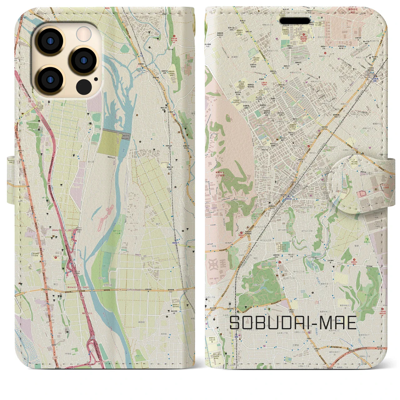 【相武台前(神奈川県)】地図柄iPhoneケース(手帳タイプ)ナチュラル・iPhone 12 Pro Max 用
