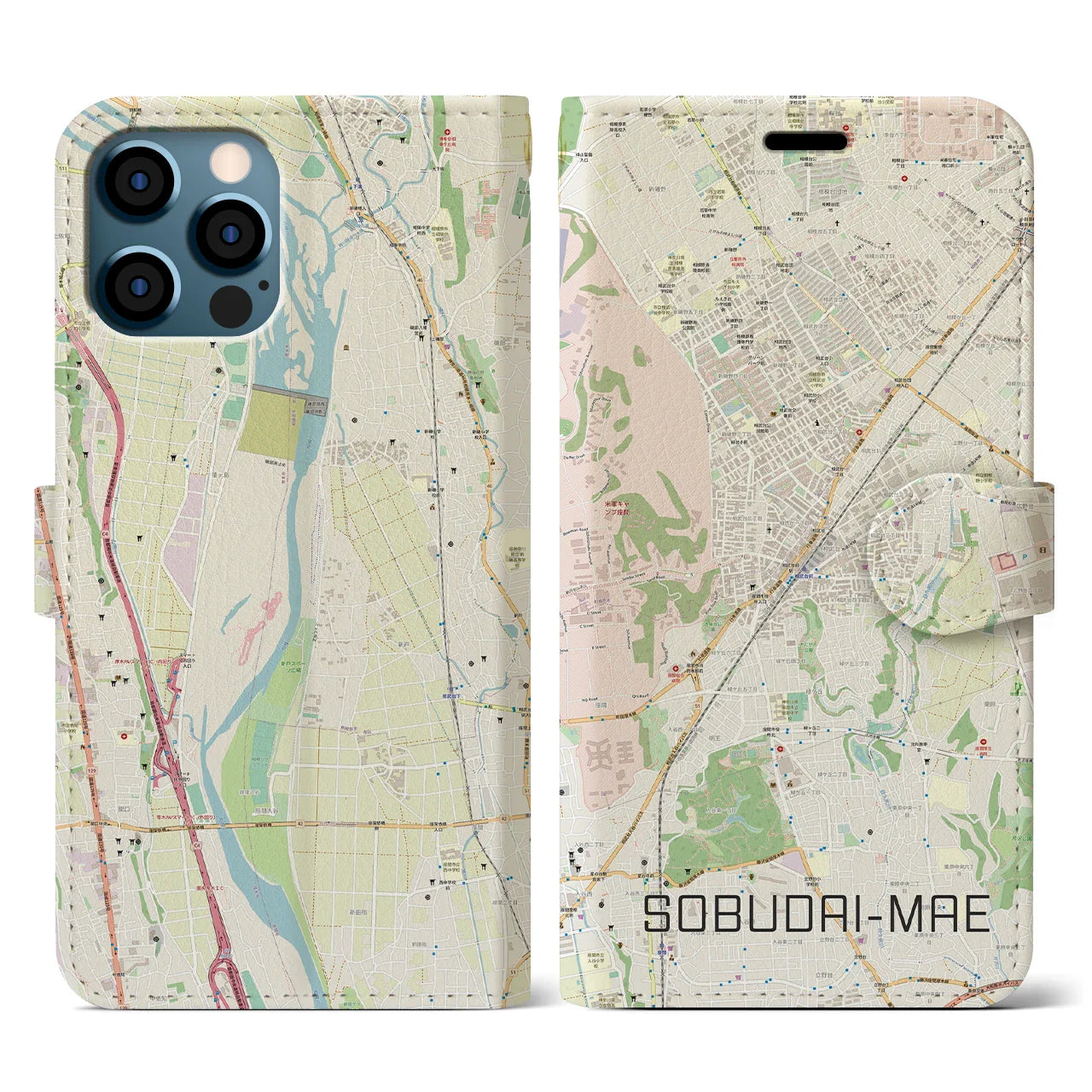 【相武台前(神奈川県)】地図柄iPhoneケース(手帳タイプ)ナチュラル・iPhone 12 / 12 Pro 用