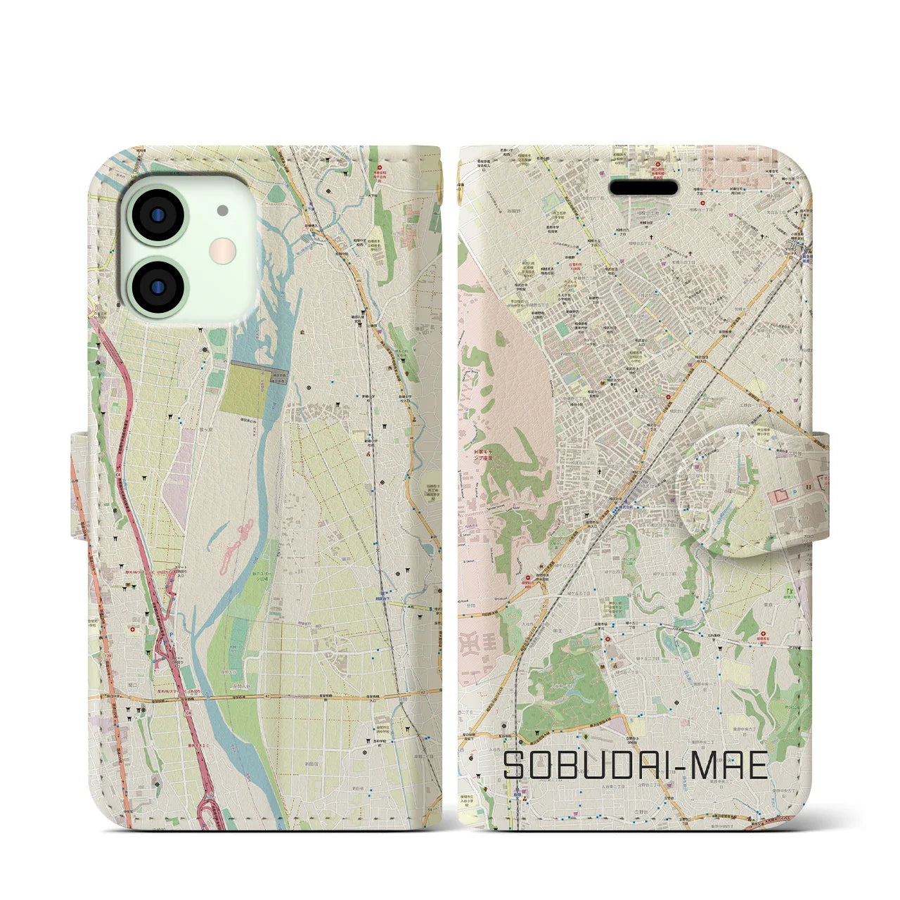 【相武台前(神奈川県)】地図柄iPhoneケース(手帳タイプ)ナチュラル・iPhone 12 mini 用