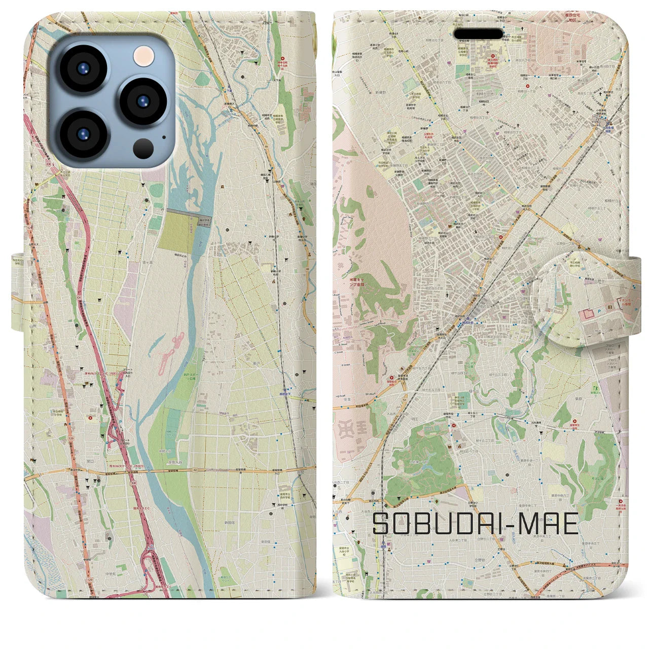 【相武台前(神奈川県)】地図柄iPhoneケース(手帳タイプ)ナチュラル・iPhone 13 Pro Max 用