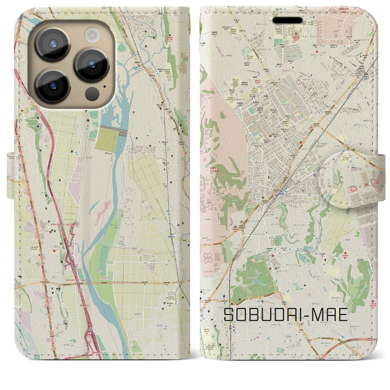 【相武台前(神奈川県)】地図柄iPhoneケース(手帳タイプ)ナチュラル・iPhone 14 Pro Max 用