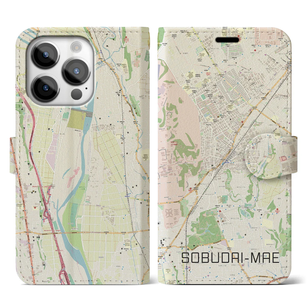【相武台前(神奈川県)】地図柄iPhoneケース(手帳タイプ)ナチュラル・iPhone 14 Pro 用