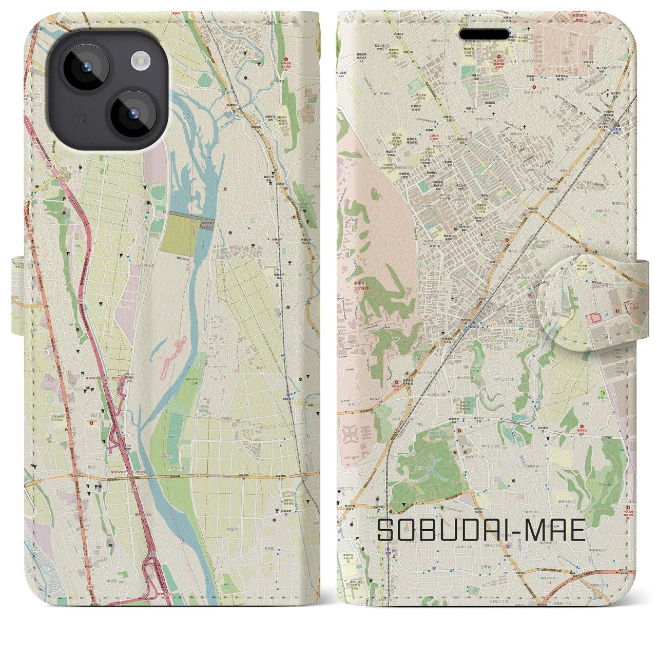 【相武台前(神奈川県)】地図柄iPhoneケース(手帳タイプ)ナチュラル・iPhone 14 Plus 用