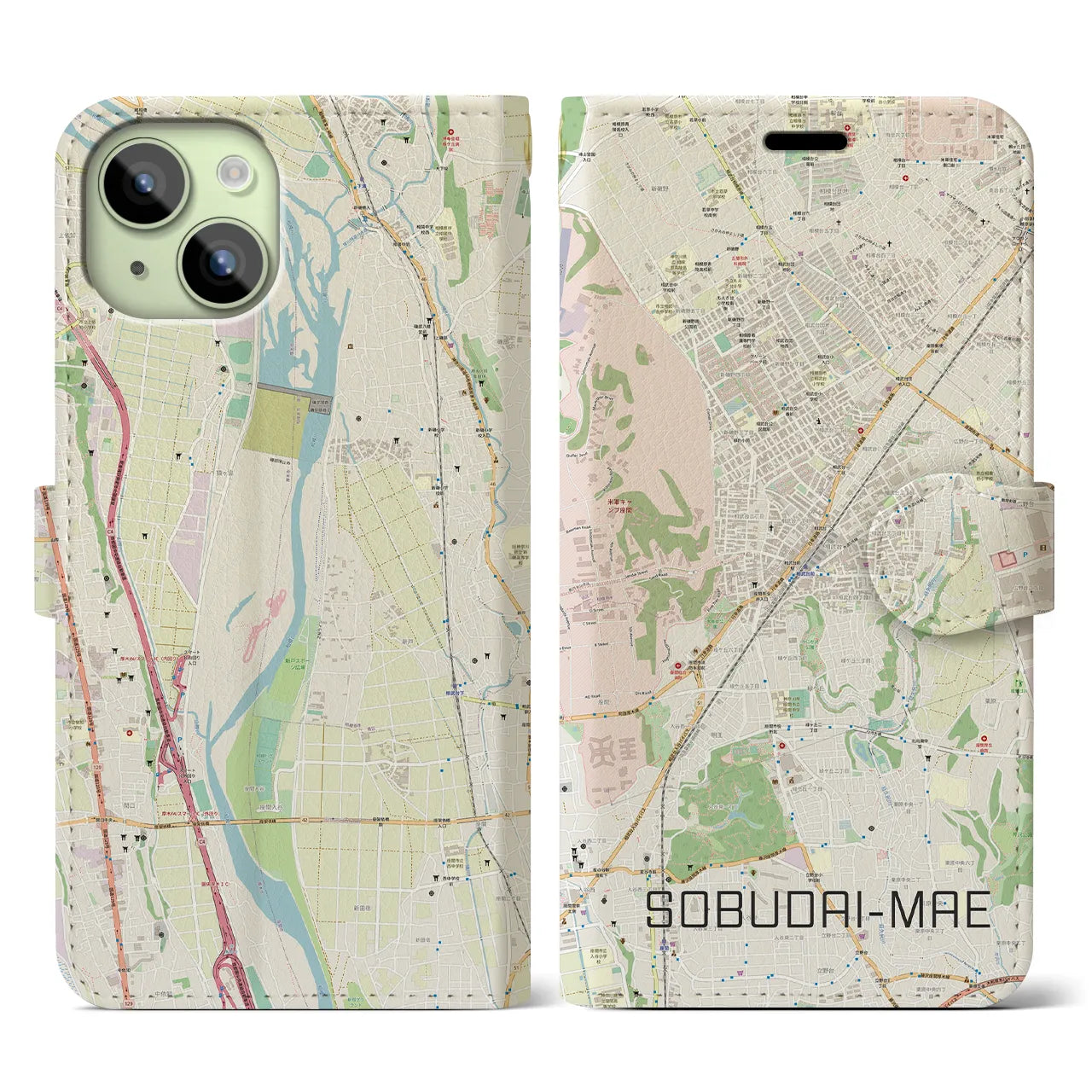 【相武台前(神奈川県)】地図柄iPhoneケース(手帳タイプ)ナチュラル・iPhone 15 用
