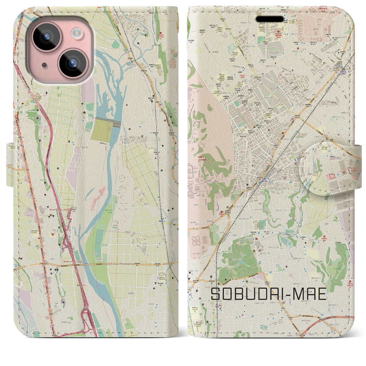 【相武台前(神奈川県)】地図柄iPhoneケース(手帳タイプ)ナチュラル・iPhone 15 Plus 用