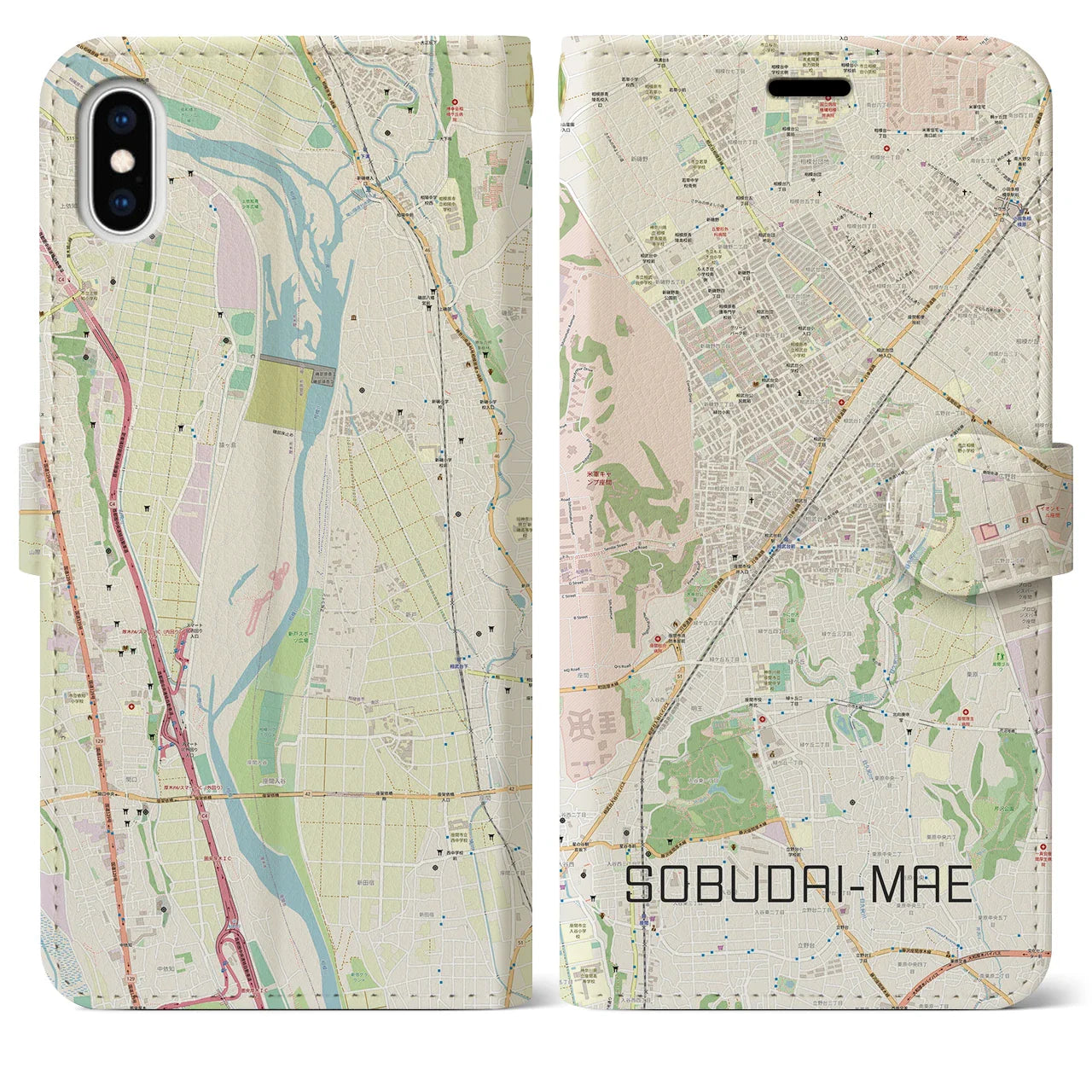 【相武台前(神奈川県)】地図柄iPhoneケース(手帳タイプ)ナチュラル・iPhone XS Max 用