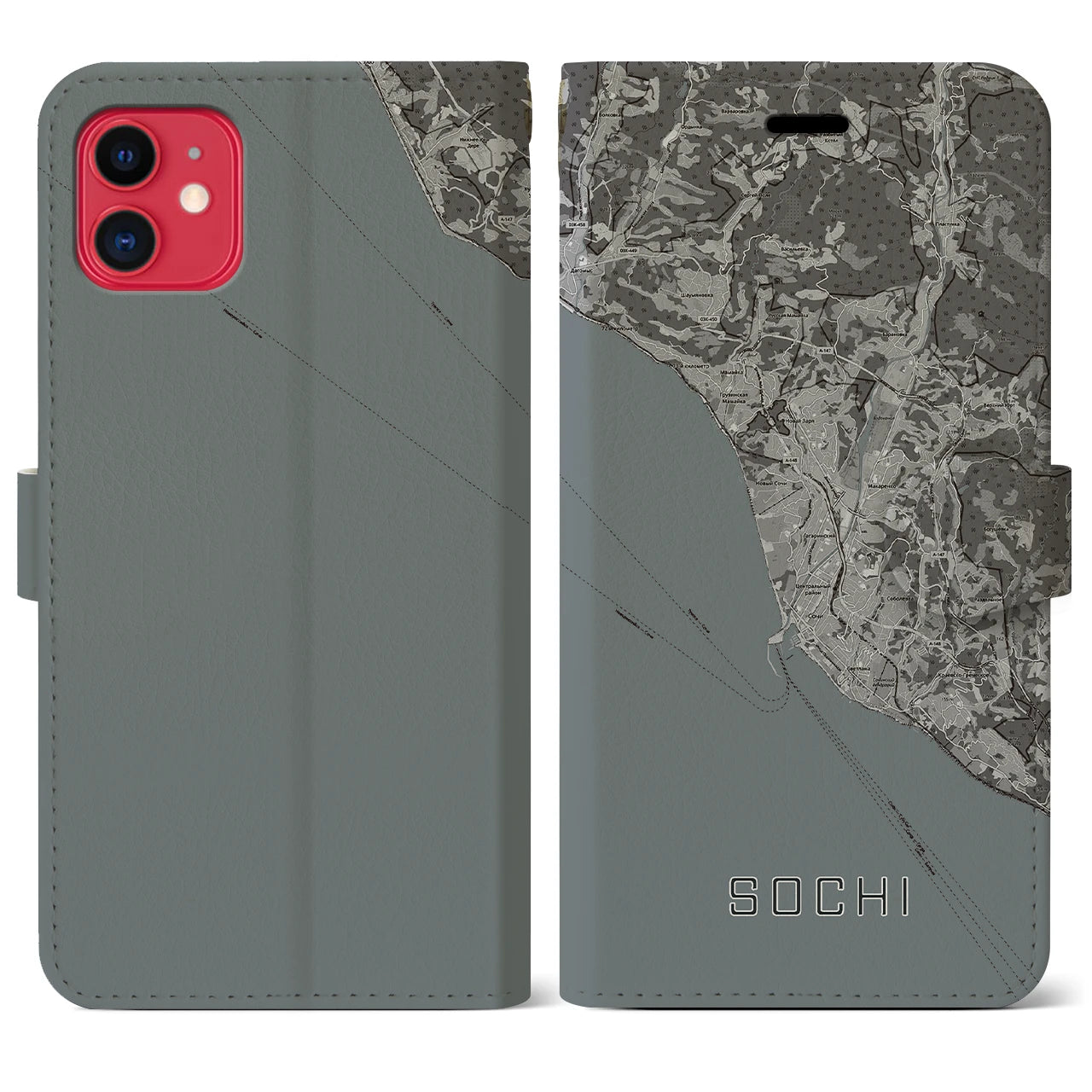 【ソチ(ロシア)】地図柄iPhoneケース(手帳タイプ)モノトーン・iPhone 11 用