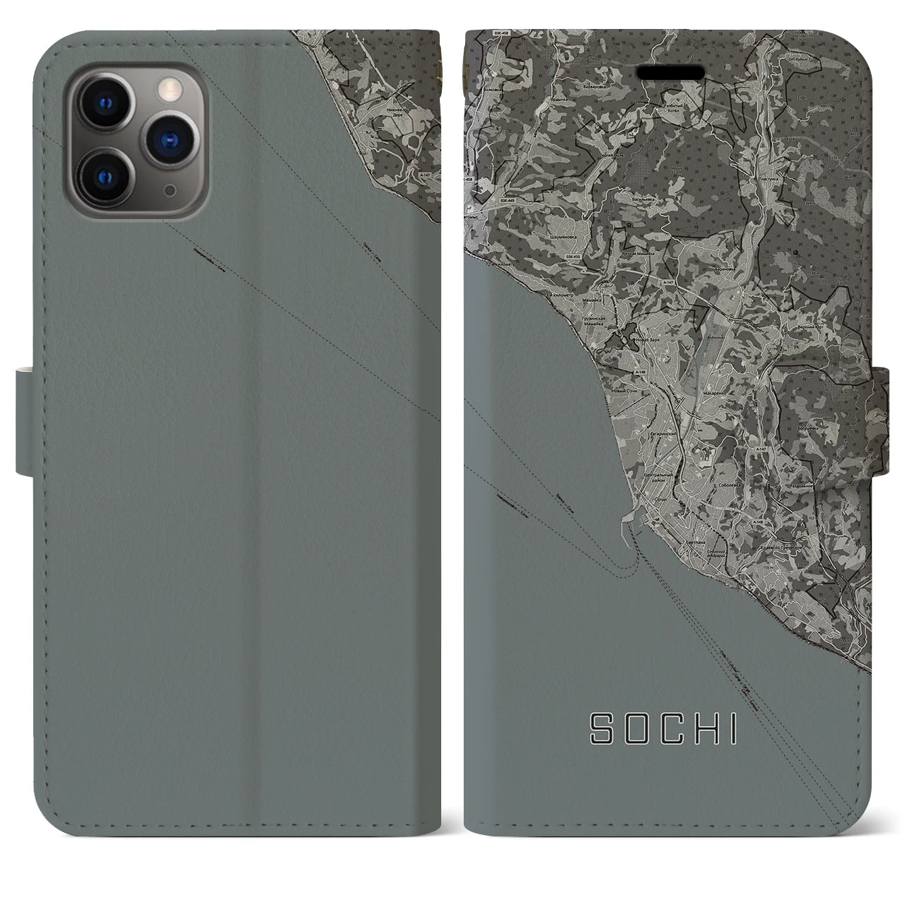 【ソチ(ロシア)】地図柄iPhoneケース(手帳タイプ)モノトーン・iPhone 11 Pro Max 用