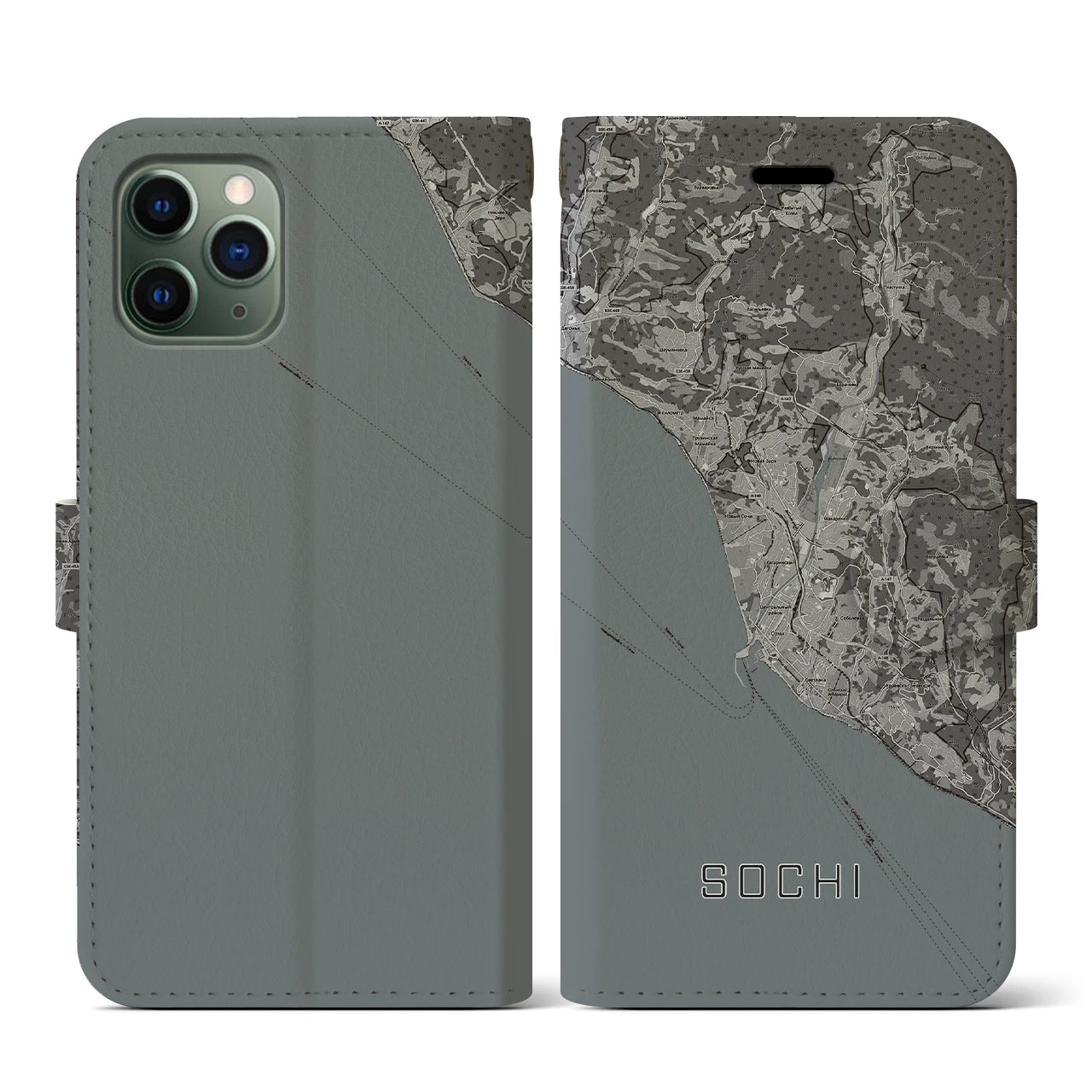 【ソチ(ロシア)】地図柄iPhoneケース(手帳タイプ)モノトーン・iPhone 11 Pro 用