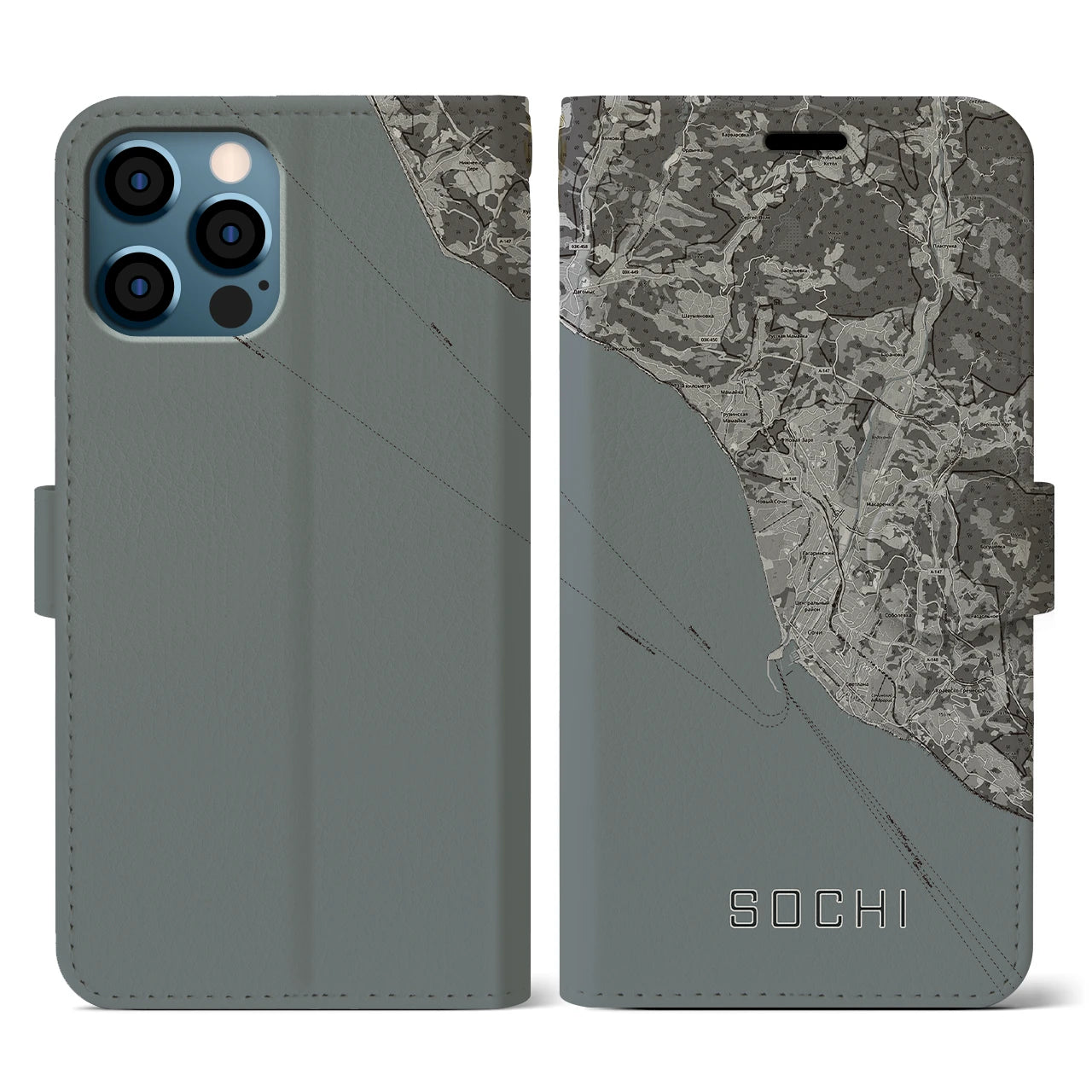 【ソチ(ロシア)】地図柄iPhoneケース(手帳タイプ)モノトーン・iPhone 12 / 12 Pro 用