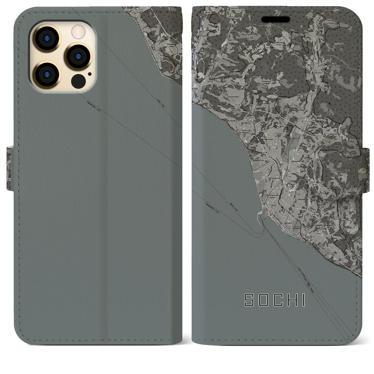 【ソチ(ロシア)】地図柄iPhoneケース(手帳タイプ)モノトーン・iPhone 12 Pro Max 用