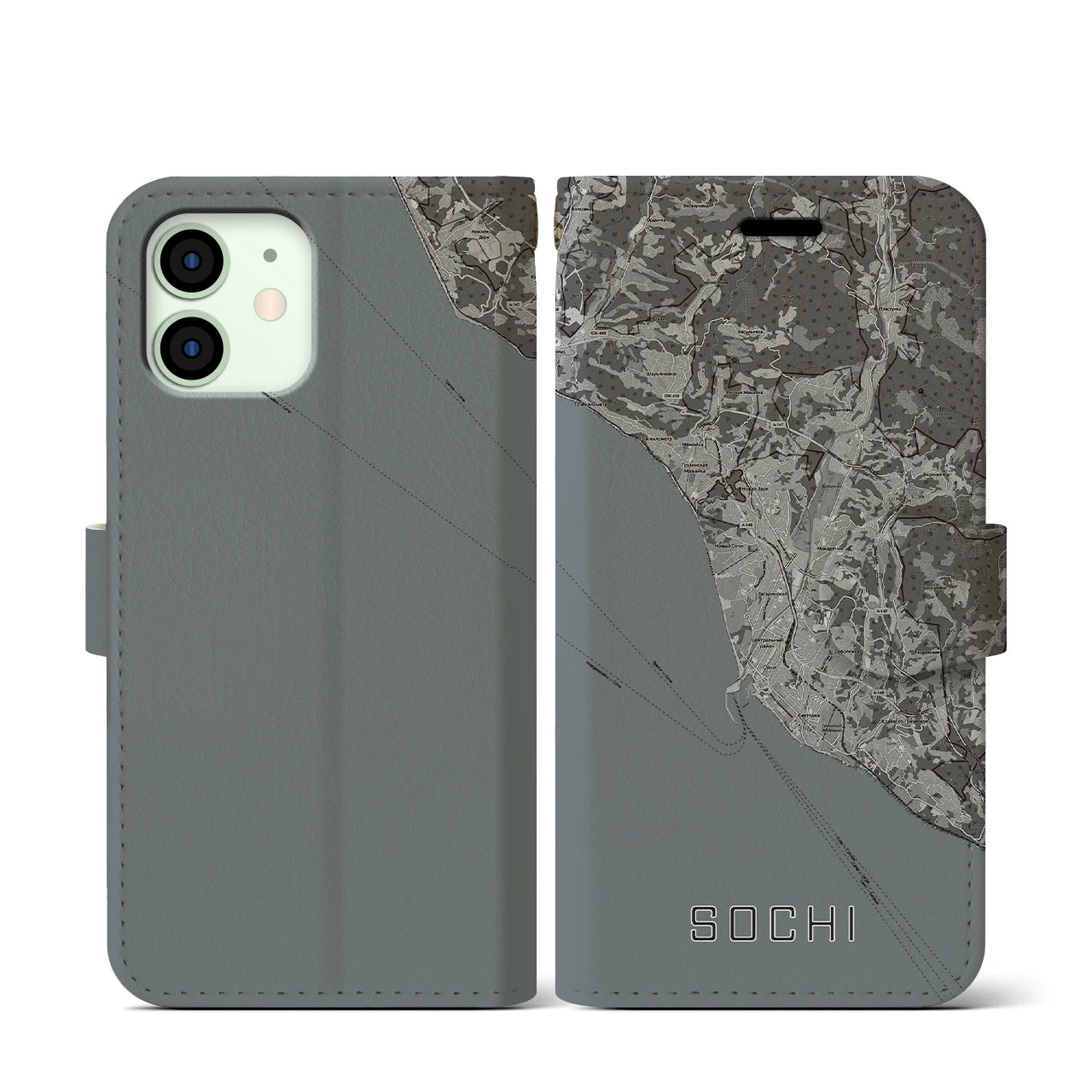【ソチ(ロシア)】地図柄iPhoneケース(手帳タイプ)モノトーン・iPhone 12 mini 用