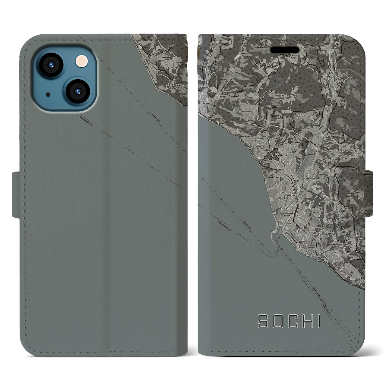 【ソチ(ロシア)】地図柄iPhoneケース(手帳タイプ)モノトーン・iPhone 13 用