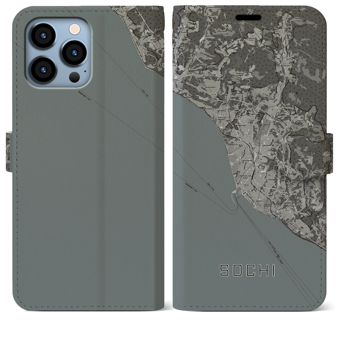 【ソチ(ロシア)】地図柄iPhoneケース(手帳タイプ)モノトーン・iPhone 13 Pro Max 用
