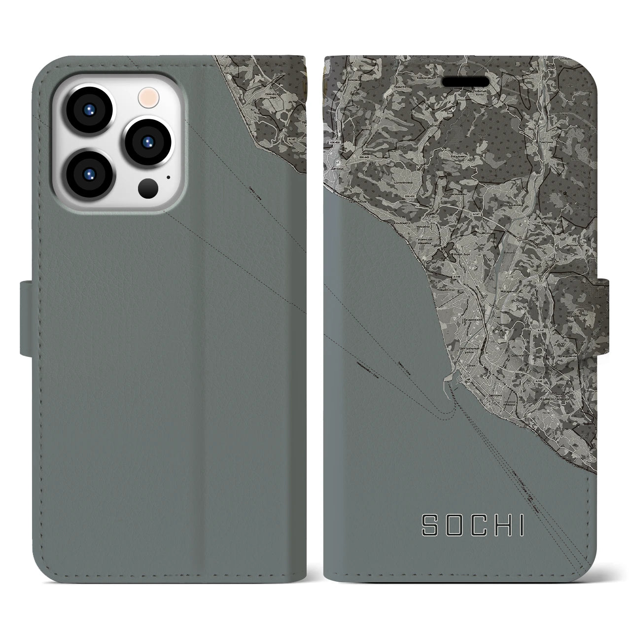 【ソチ(ロシア)】地図柄iPhoneケース(手帳タイプ)モノトーン・iPhone 13 Pro 用
