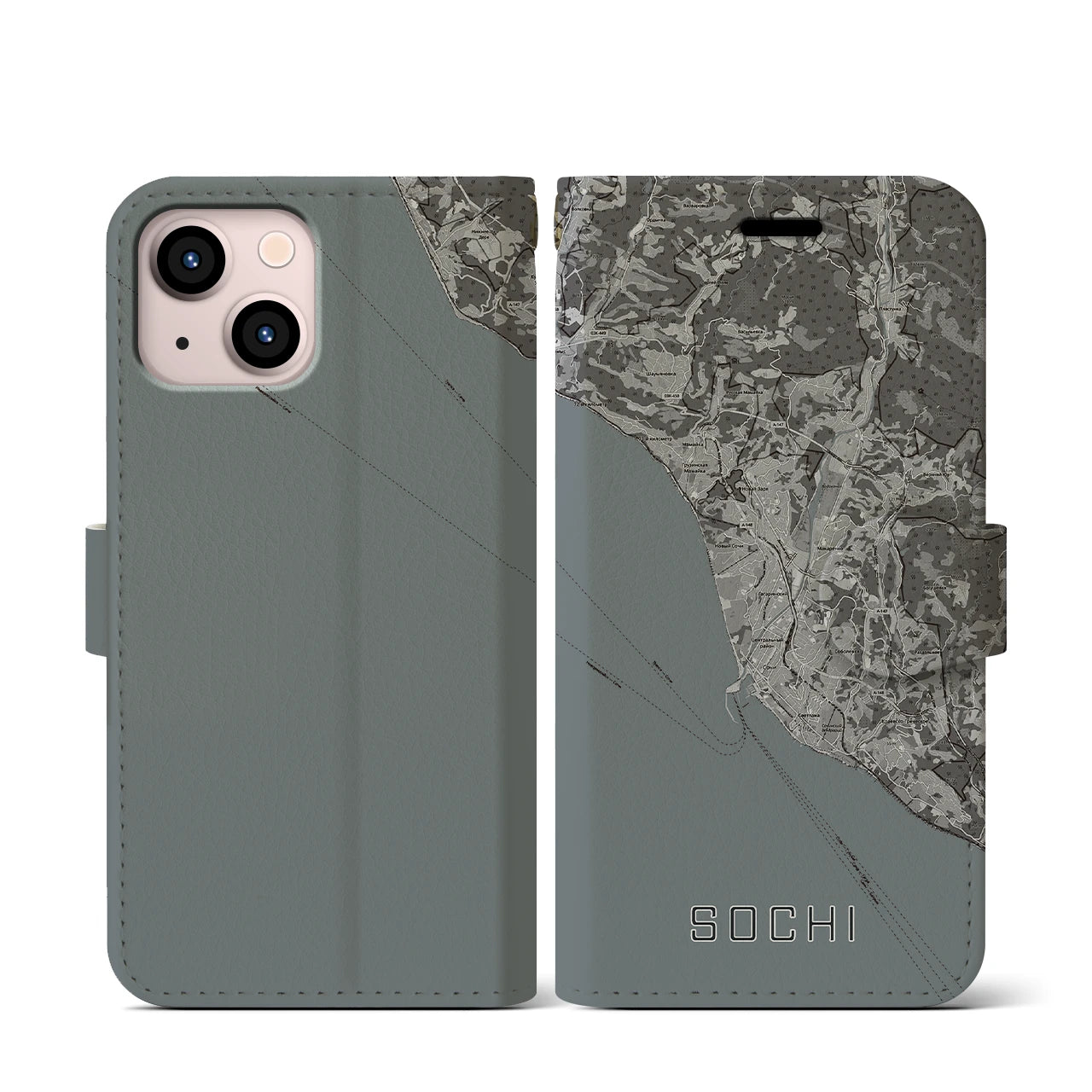 【ソチ(ロシア)】地図柄iPhoneケース(手帳タイプ)モノトーン・iPhone 13 mini 用
