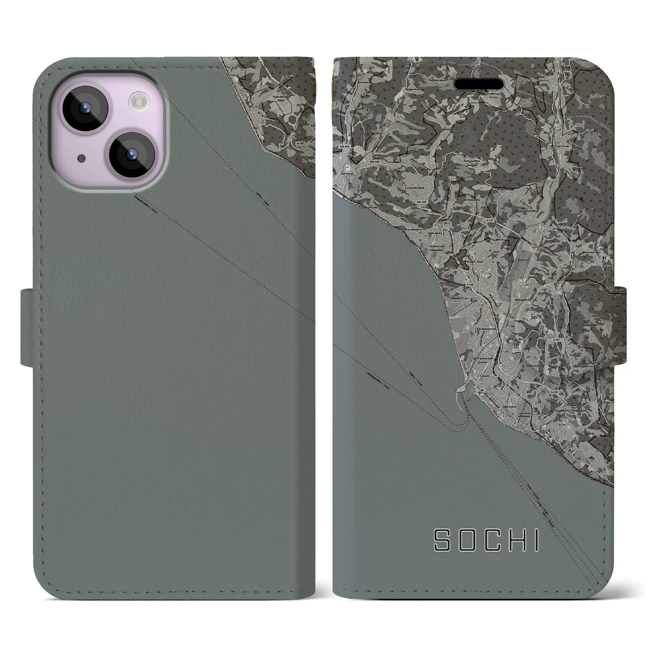 【ソチ(ロシア)】地図柄iPhoneケース(手帳タイプ)モノトーン・iPhone 14 用