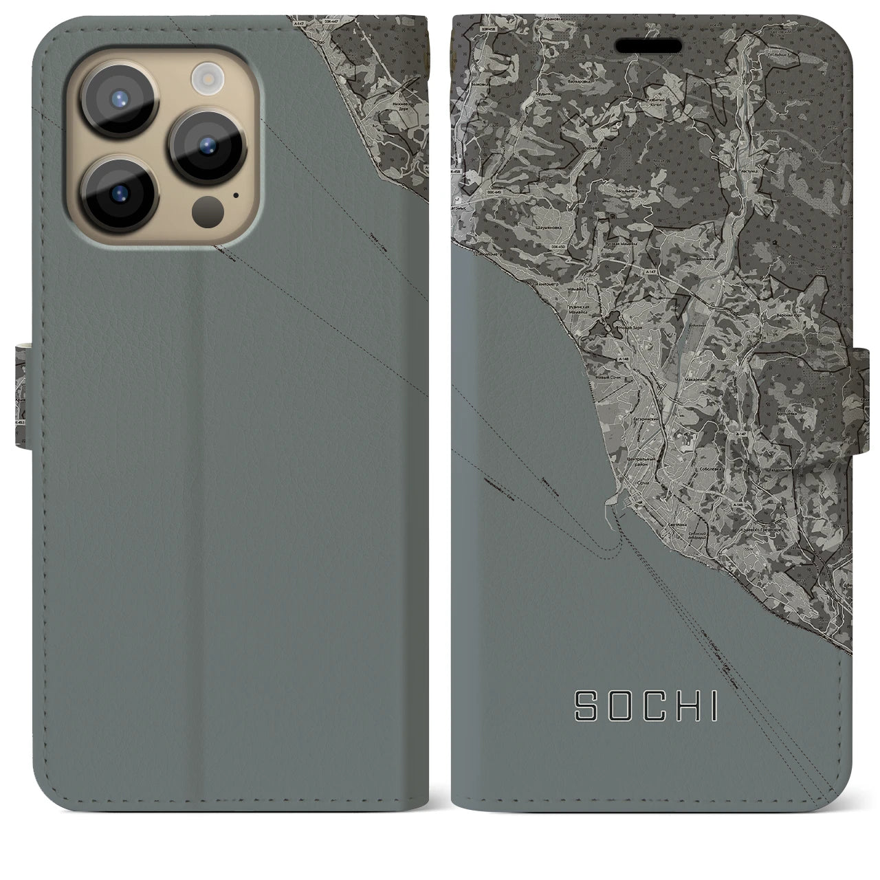 【ソチ(ロシア)】地図柄iPhoneケース(手帳タイプ)モノトーン・iPhone 14 Pro Max 用