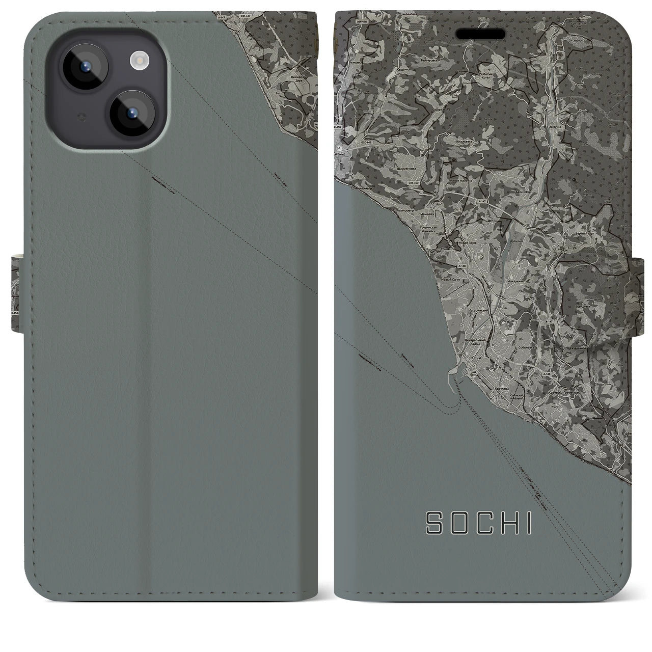 【ソチ(ロシア)】地図柄iPhoneケース(手帳タイプ)モノトーン・iPhone 14 Plus 用