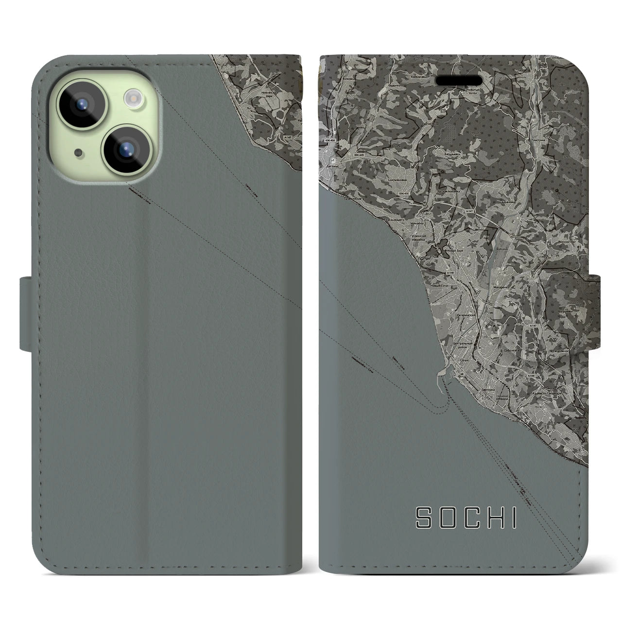 【ソチ(ロシア)】地図柄iPhoneケース(手帳タイプ)モノトーン・iPhone 15 用