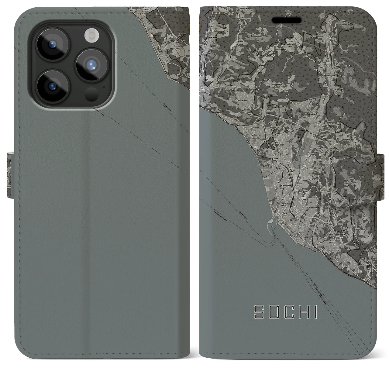 【ソチ(ロシア)】地図柄iPhoneケース(手帳タイプ)モノトーン・iPhone 15 Pro Max 用