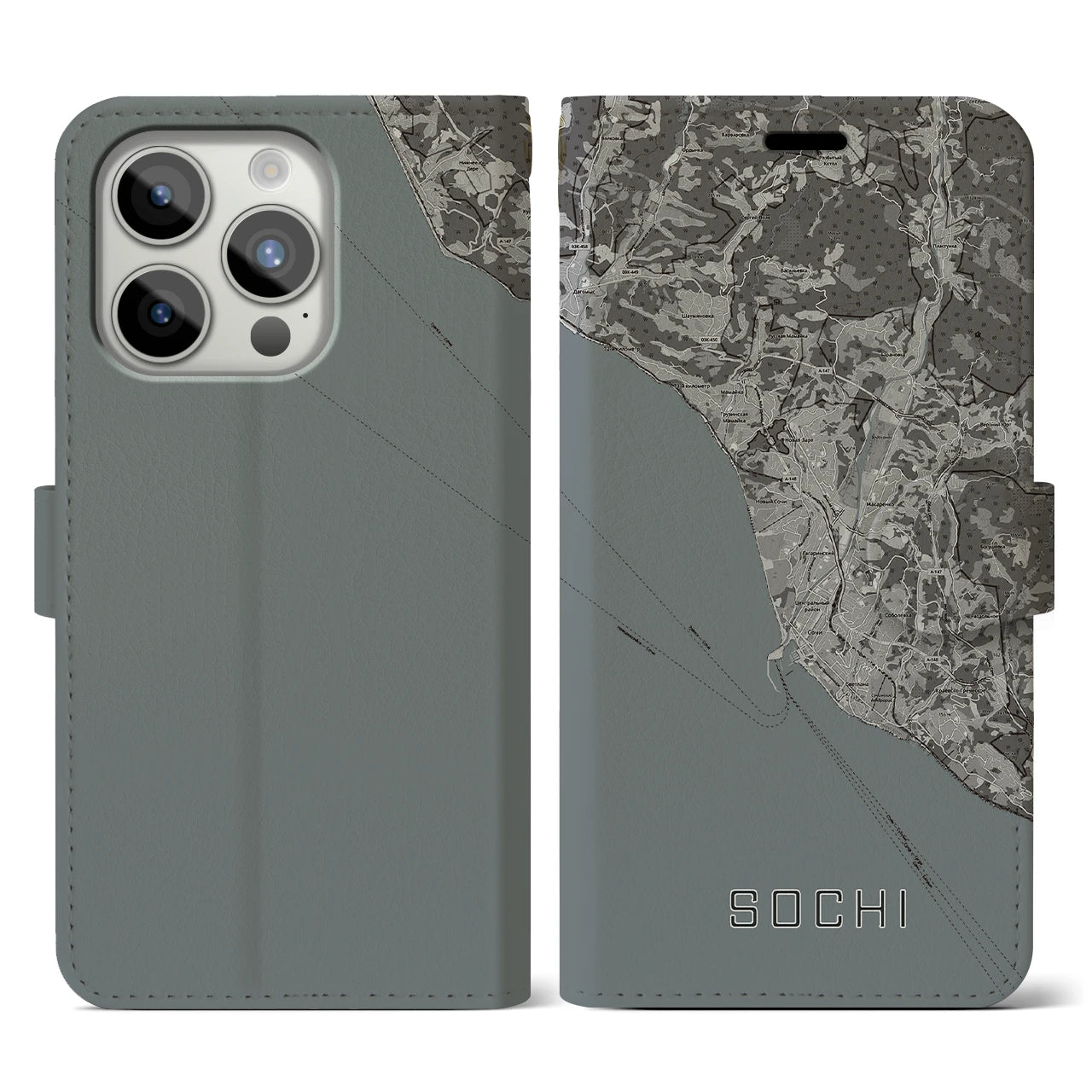 【ソチ(ロシア)】地図柄iPhoneケース(手帳タイプ)モノトーン・iPhone 15 Pro 用