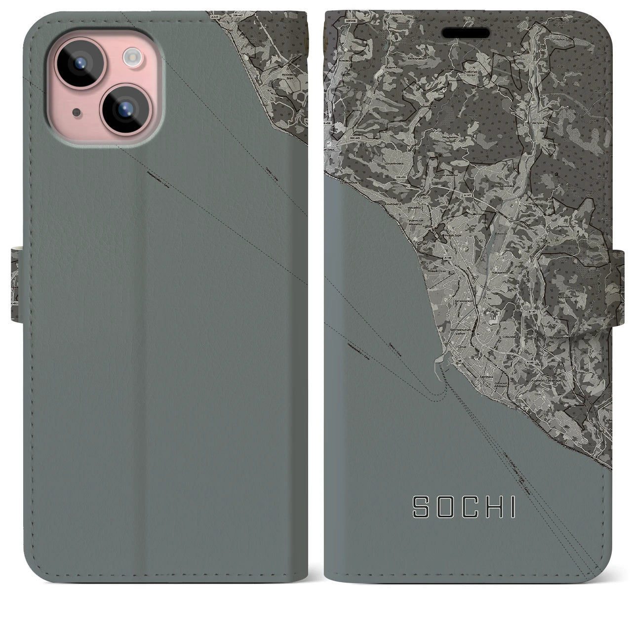【ソチ(ロシア)】地図柄iPhoneケース(手帳タイプ)モノトーン・iPhone 15 Plus 用