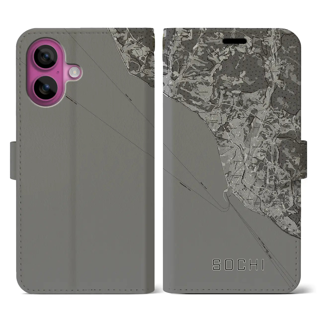 【ソチ(ロシア)】地図柄iPhoneケース(手帳タイプ)モノトーン・iPhone 16 Pro 用