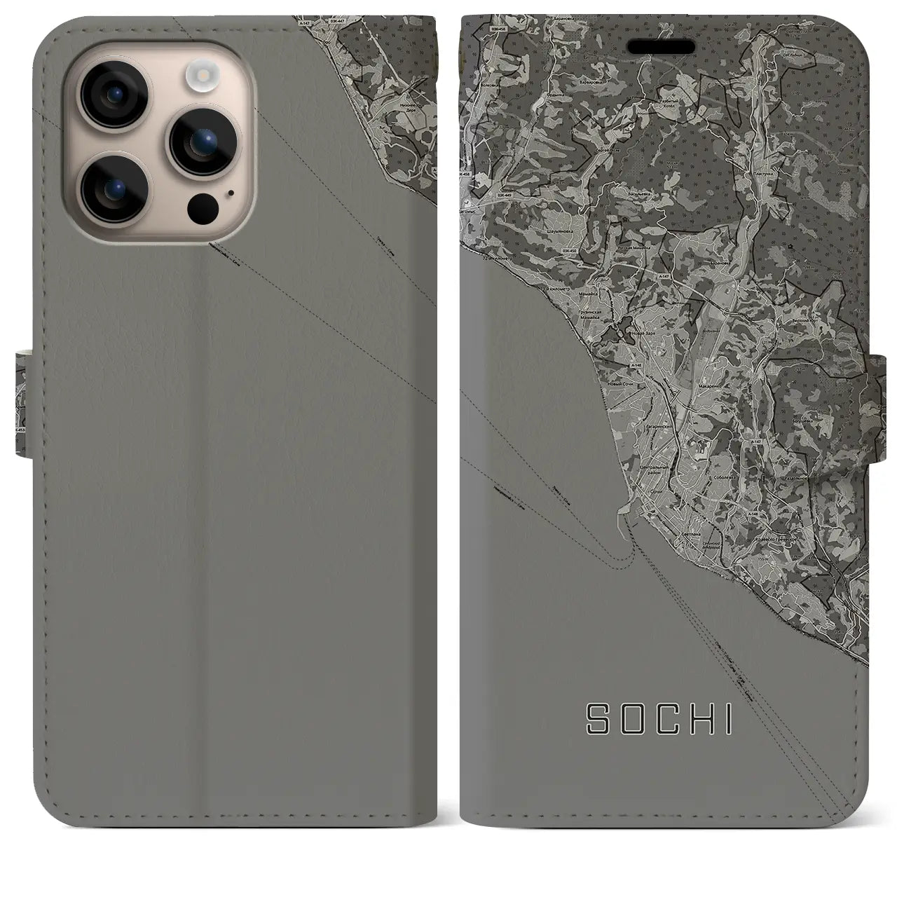 【ソチ(ロシア)】地図柄iPhoneケース(手帳タイプ)モノトーン・iPhone 16 Plus 用
