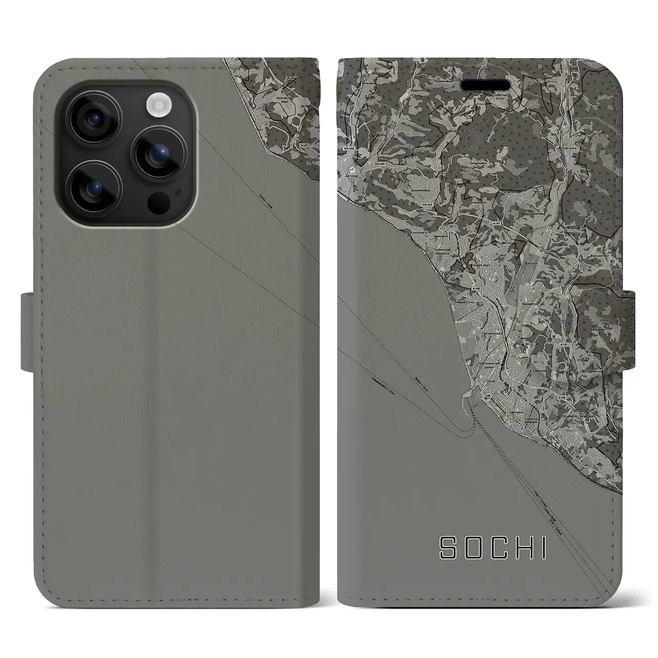 【ソチ(ロシア)】地図柄iPhoneケース(手帳タイプ)モノトーン・iPhone 16 用