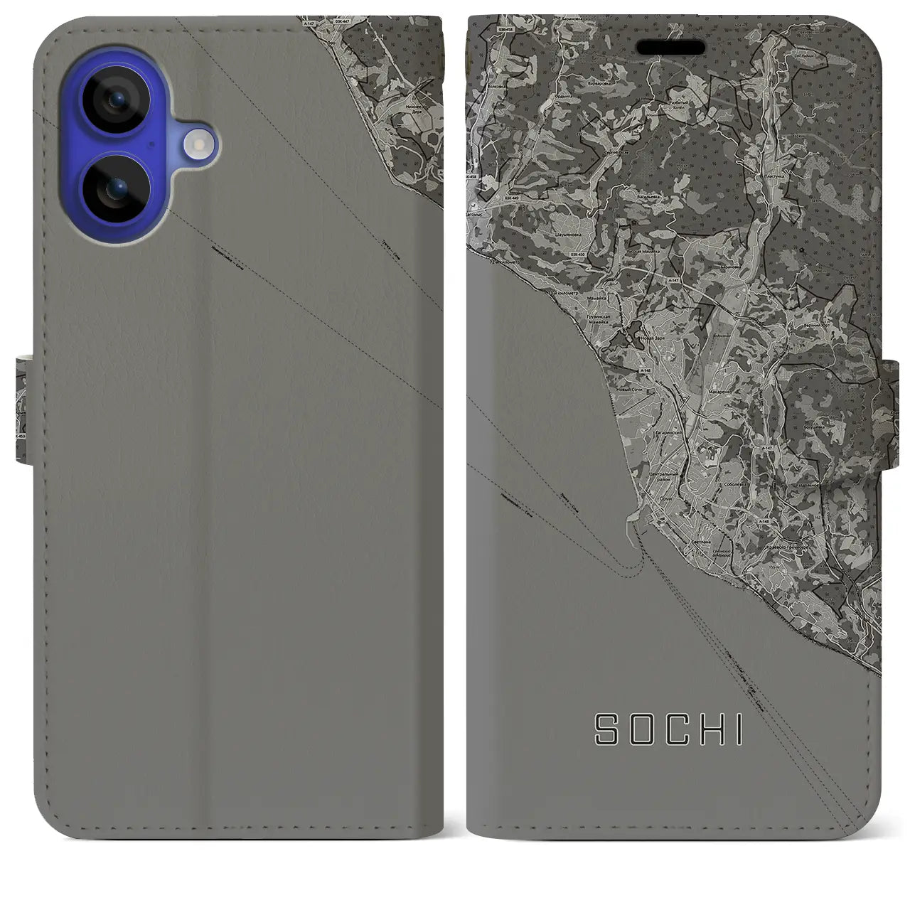 【ソチ(ロシア)】地図柄iPhoneケース(手帳タイプ)モノトーン・iPhone 16 Pro Max 用