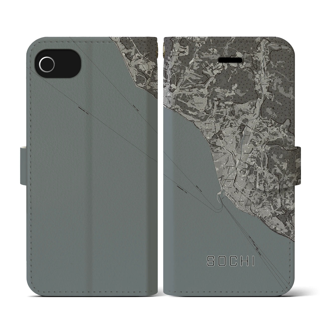 【ソチ(ロシア)】地図柄iPhoneケース(手帳タイプ)モノトーン・iPhone SE(第3 / 第2世代) / 8 / 7 / 6s / 6 用
