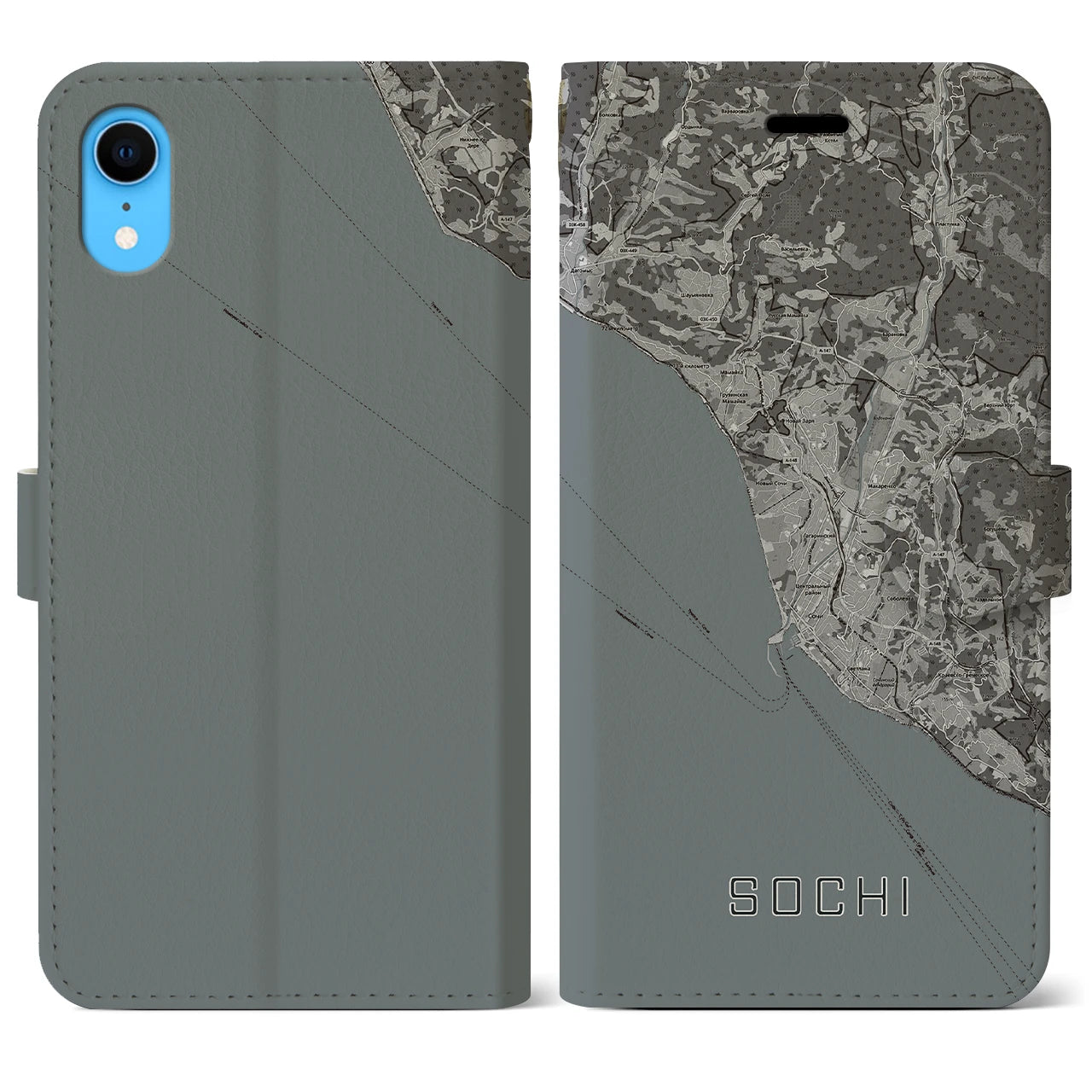 【ソチ(ロシア)】地図柄iPhoneケース(手帳タイプ)モノトーン・iPhone XR 用