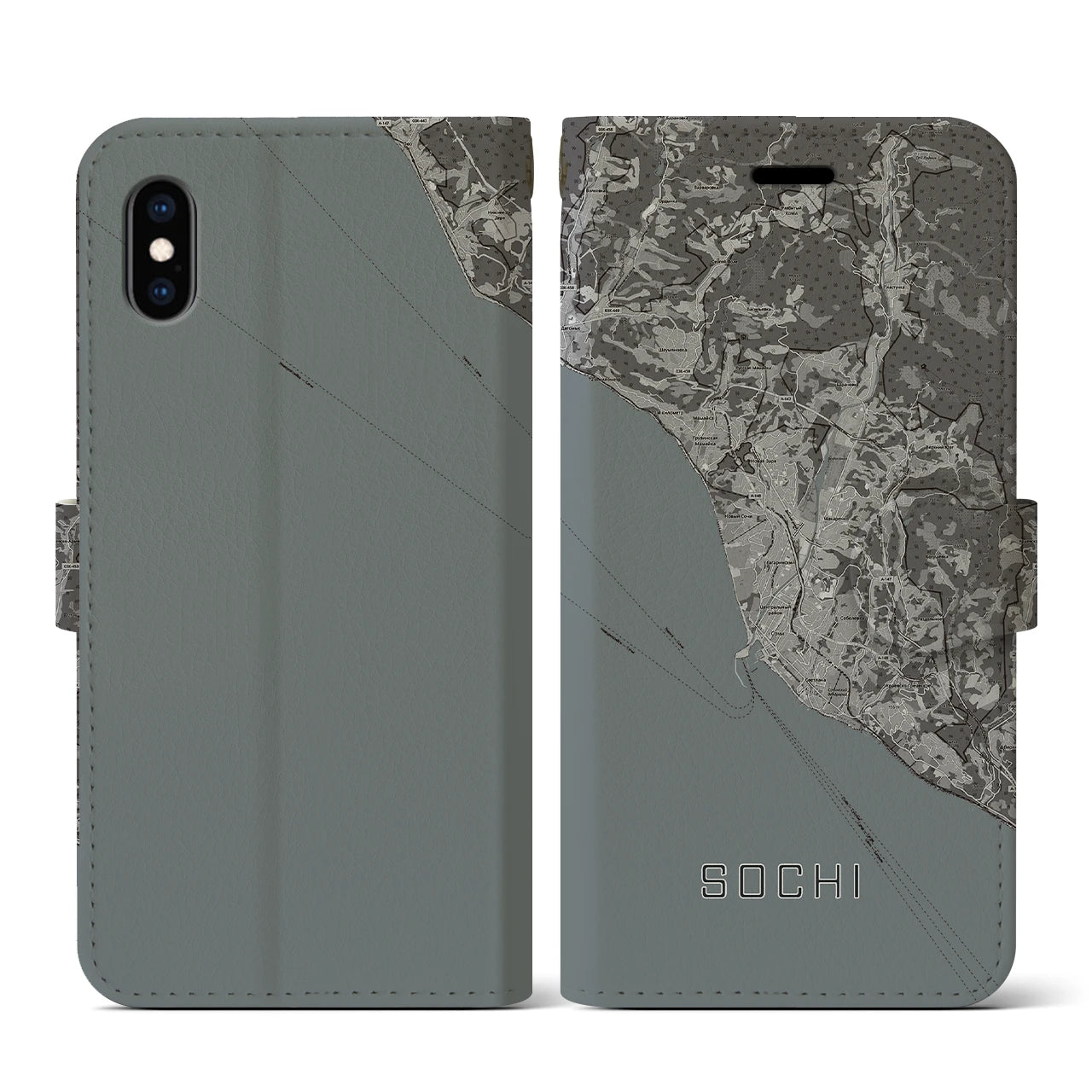 【ソチ(ロシア)】地図柄iPhoneケース(手帳タイプ)モノトーン・iPhone XS / X 用