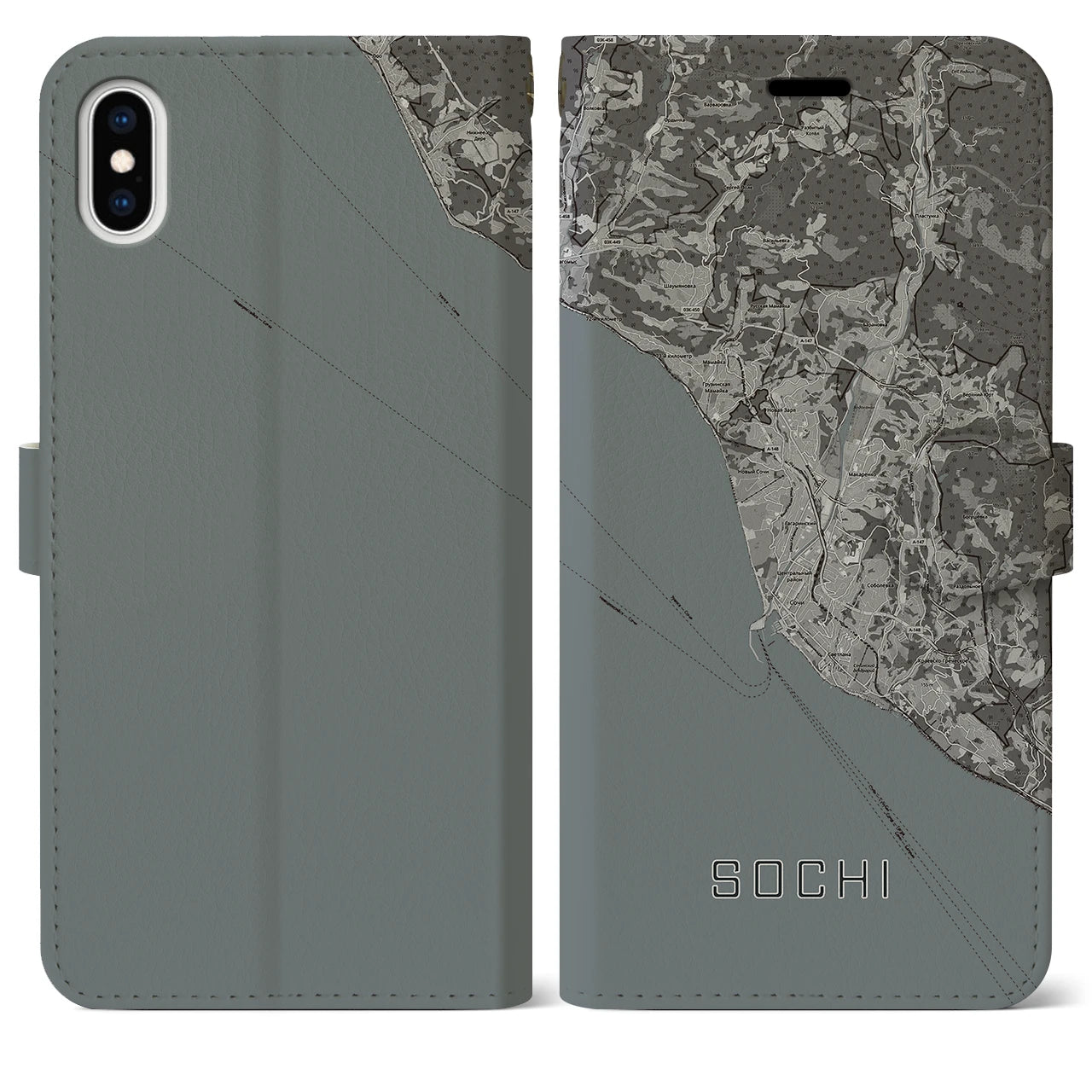 【ソチ(ロシア)】地図柄iPhoneケース(手帳タイプ)モノトーン・iPhone XS Max 用