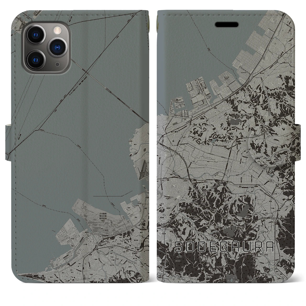 【袖ケ浦(千葉県)】地図柄iPhoneケース(手帳タイプ)モノトーン・iPhone 11 Pro Max 用
