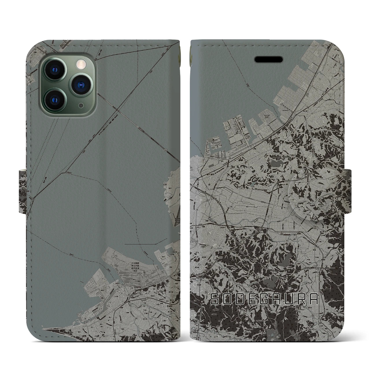 【袖ケ浦(千葉県)】地図柄iPhoneケース(手帳タイプ)モノトーン・iPhone 11 Pro 用