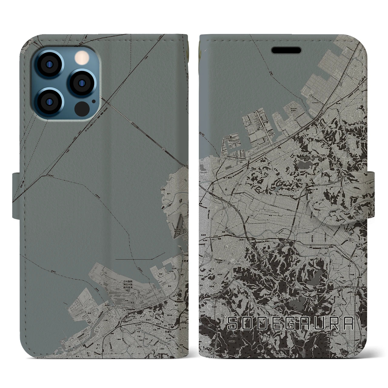 【袖ケ浦(千葉県)】地図柄iPhoneケース(手帳タイプ)モノトーン・iPhone 12 / 12 Pro 用