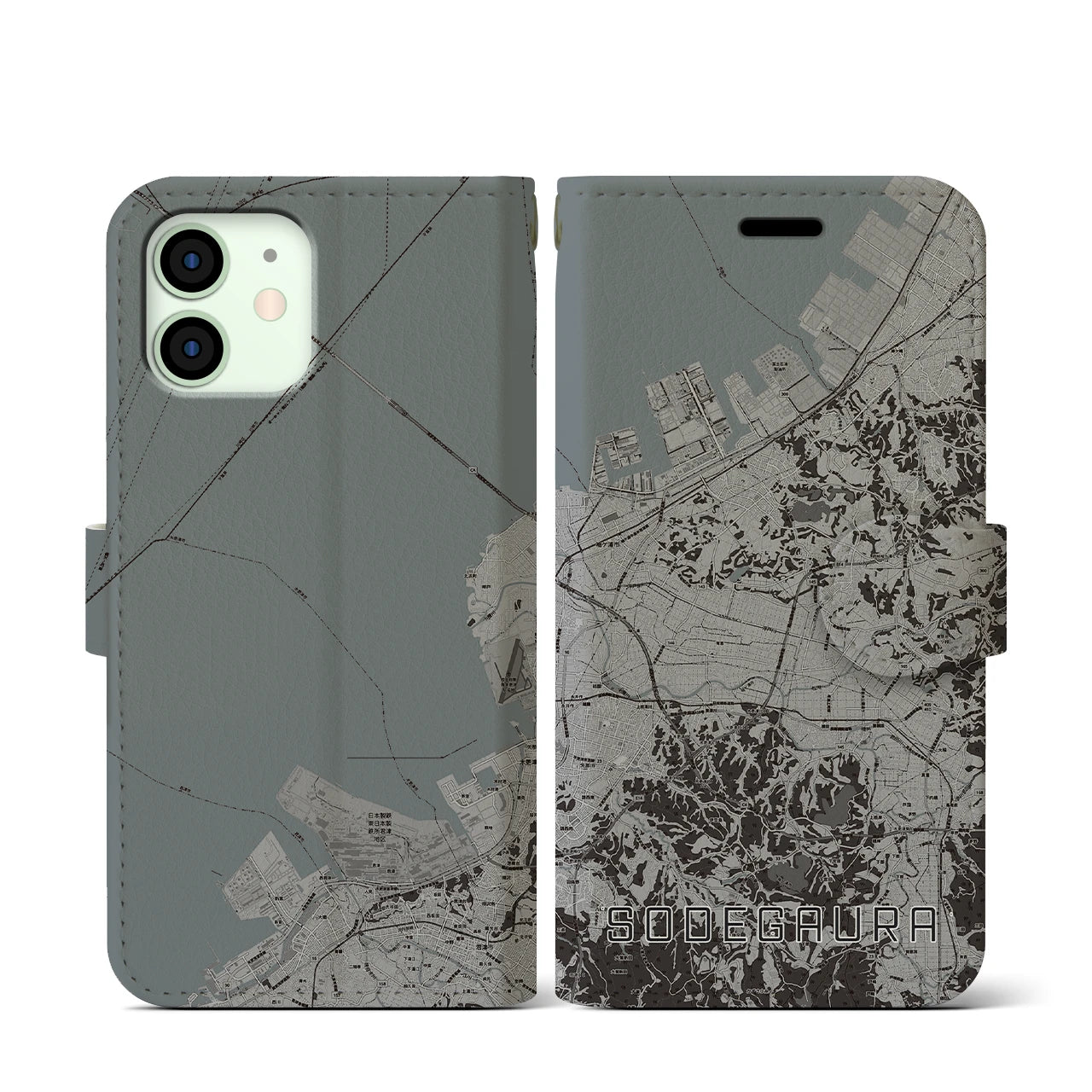 【袖ケ浦(千葉県)】地図柄iPhoneケース(手帳タイプ)モノトーン・iPhone 12 mini 用