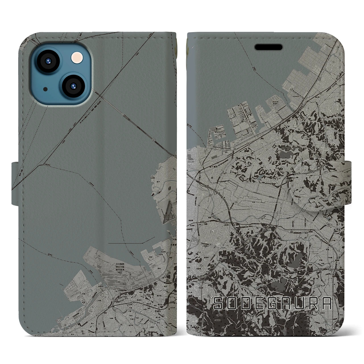 【袖ケ浦(千葉県)】地図柄iPhoneケース(手帳タイプ)モノトーン・iPhone 13 用