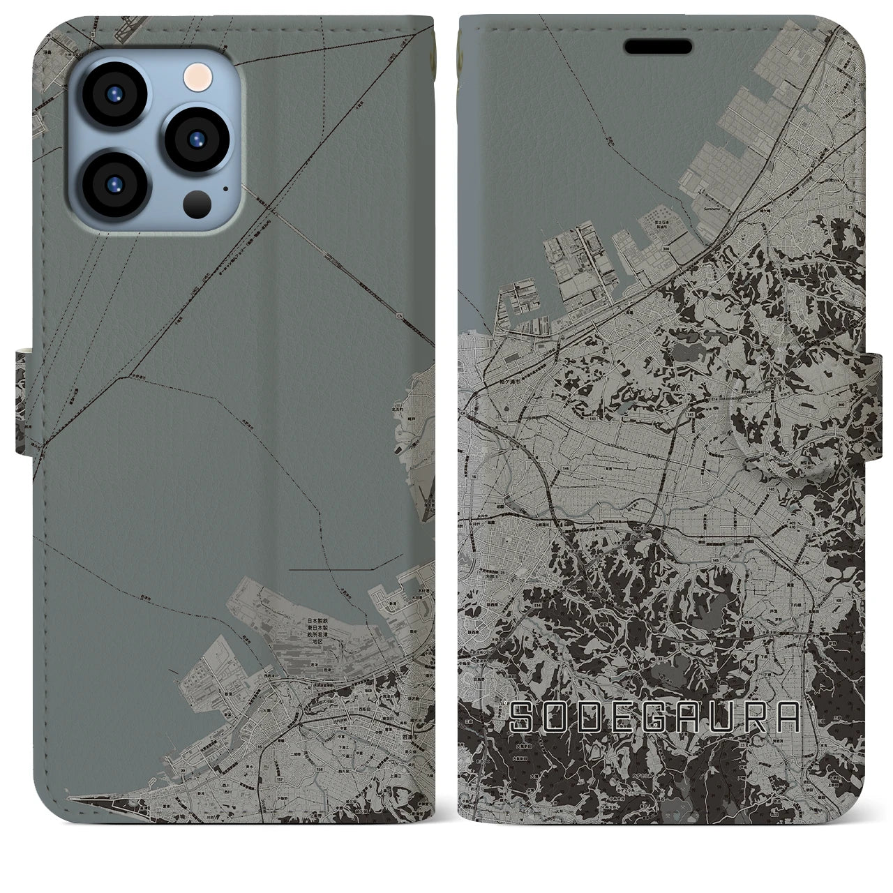【袖ケ浦(千葉県)】地図柄iPhoneケース(手帳タイプ)モノトーン・iPhone 13 Pro Max 用