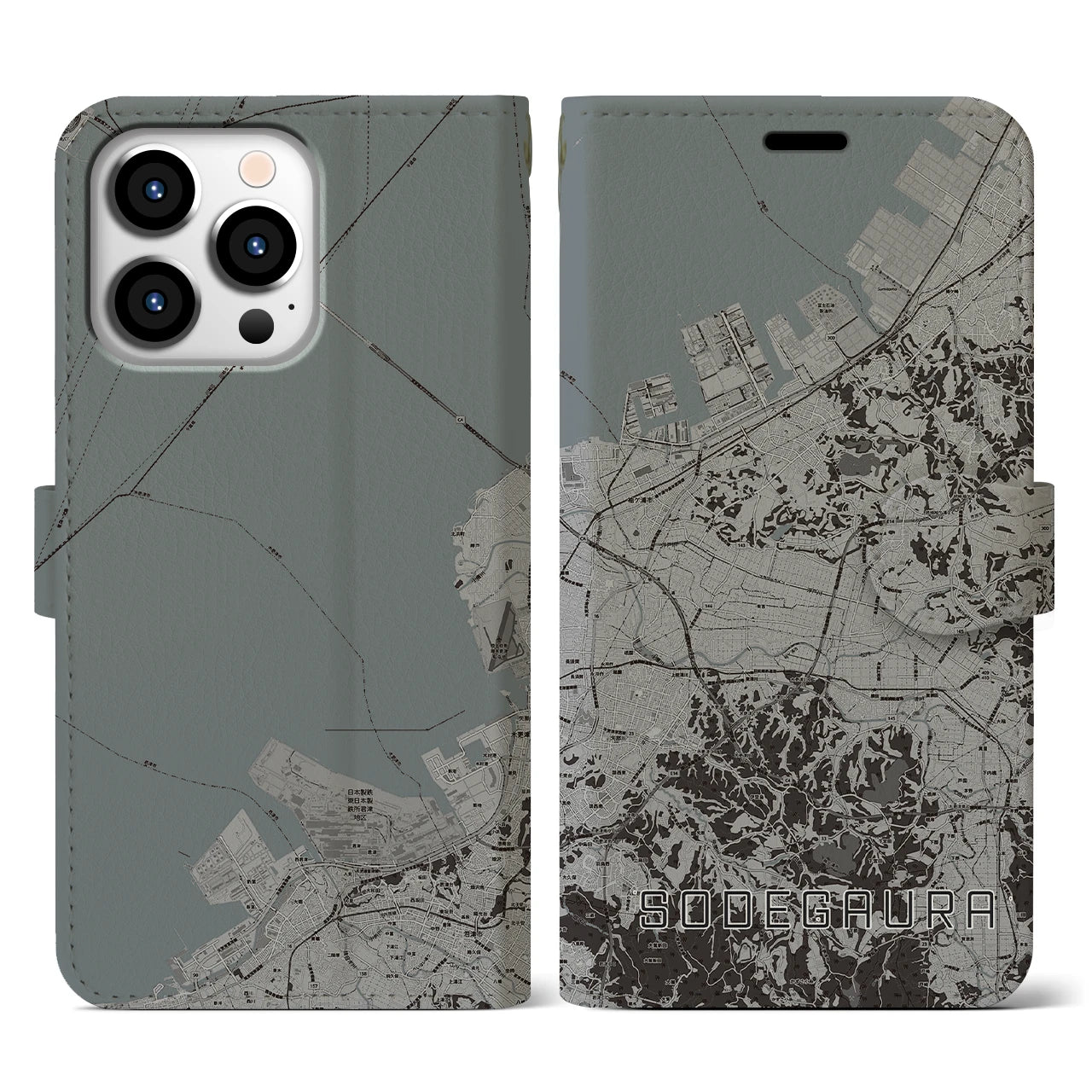 【袖ケ浦(千葉県)】地図柄iPhoneケース(手帳タイプ)モノトーン・iPhone 13 Pro 用